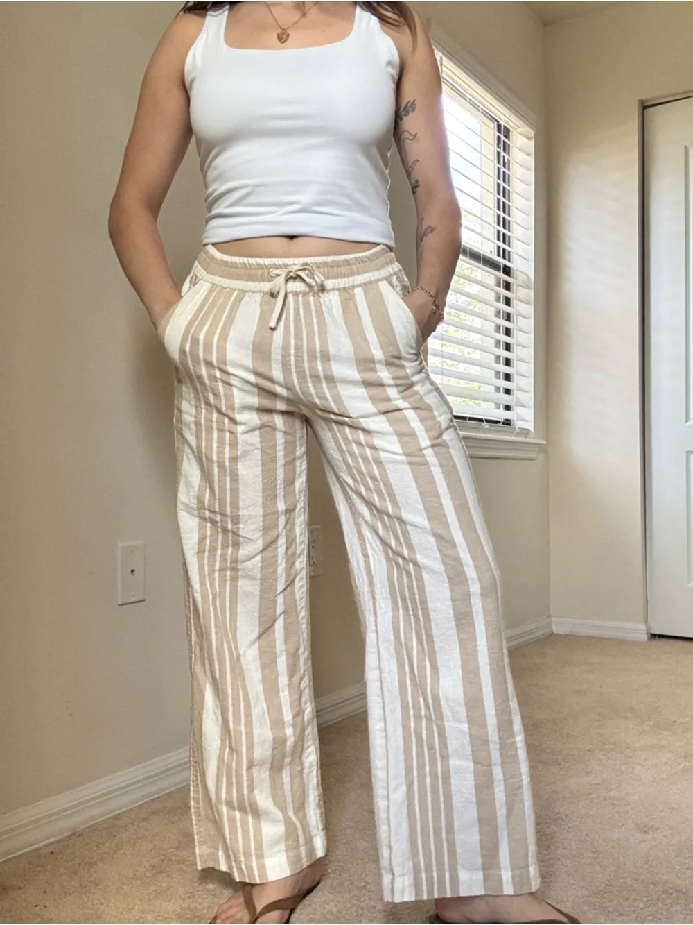 Indian Summer Beige & White Striped Wide-Leg Drawstring Pants - Picture 5 of 6
